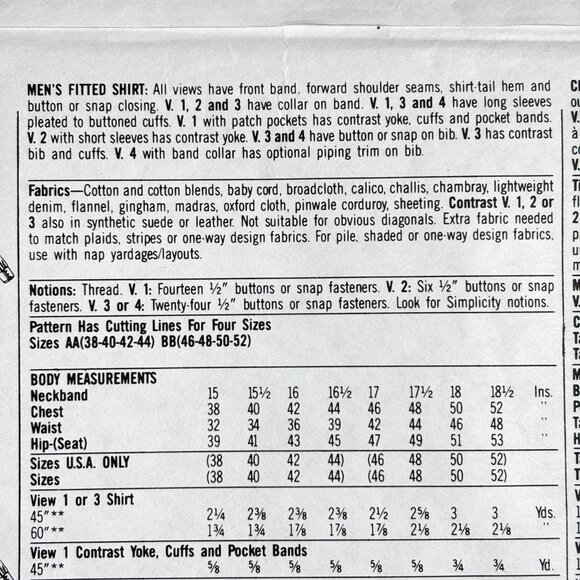 Simplicity 8441 Mens Fitted Western Shirt Sewing Pattern Size AA 38-44 Vintage - Picture 4 of 8